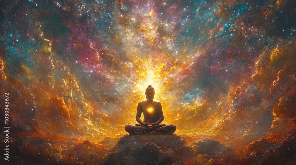 Spiritual painting showing a meditative figure of Buddha with light emanating from the heart, a celestial background Spiritual painting showing a meditative figure of Buddha with light emanating from the heart, a celestial background