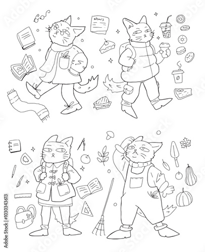 linear vector set of drawn cats in different clothes and with objects around