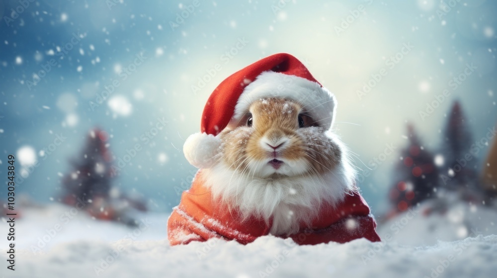 Portrait of a rabbit in Santa hat. Christmas background. Portrait of a rabbit in Santa hat. Christmas background.