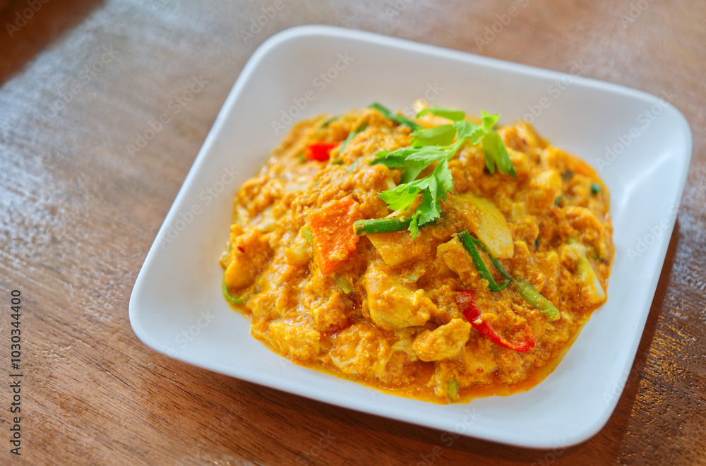 Stir Fried Crab meat with Curry Powder on wooden table, white plate. Popular seafood of Thai food menu. Close up food image with space. Stir Fried Crab meat with Curry Powder on wooden table, white plate. Popular seafood of Thai food menu. Close up food image with space.