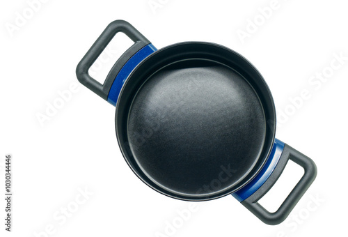 Принти на полотні Top view of blue metal kitchen pot with black enamel ceramic, open cooking pot, isolated non-stick pot on white background