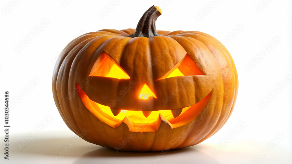 A carved jack-o'-lantern pumpkin with an inner glow.
A carved jack-o'-lantern pumpkin with an inner glow.