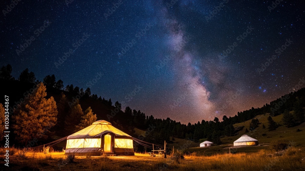 Summer yurts in Nalati meadows, with a starry sky above, ideal for nighttime photography Summer yurts in Nalati meadows, with a starry sky above, ideal for nighttime photography