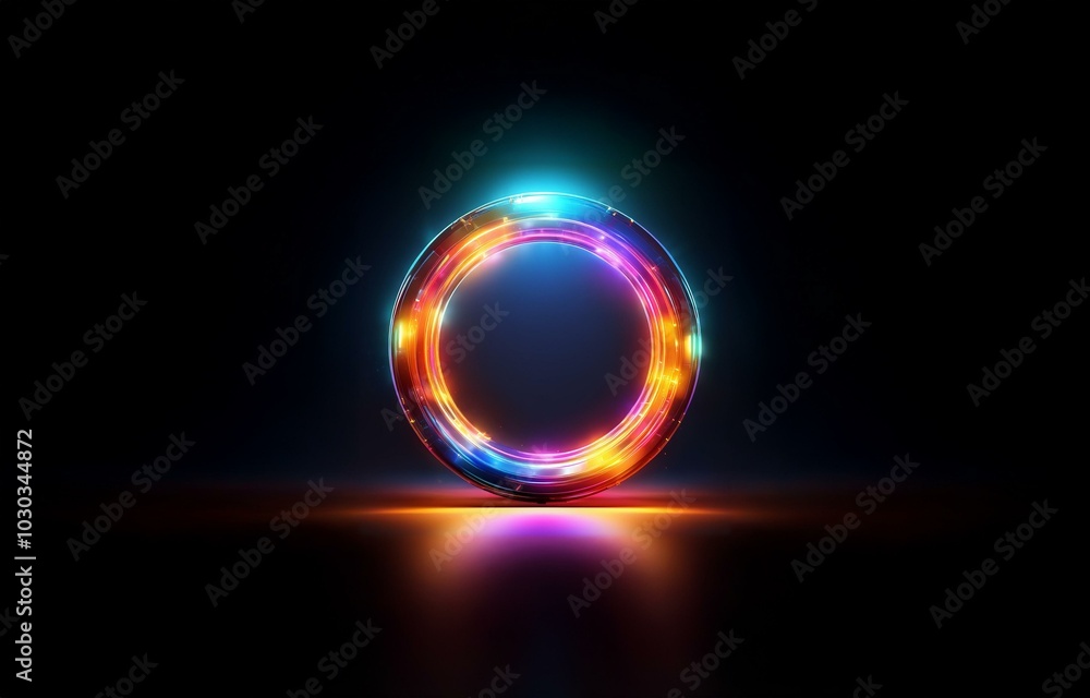 A glowing circular object with iridescent colors on a dark background.