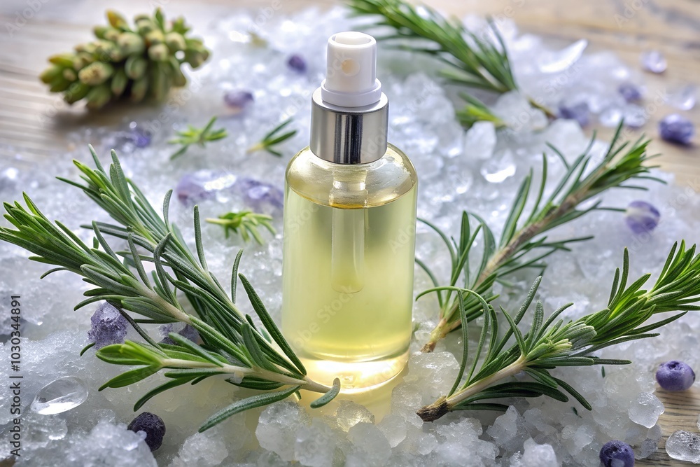 a clear spray bottle filled with light yellow liquid sits on a bed of ice surrounded by sprigs of fresh rosemary lavender sage and mint a clear spray bottle filled with light yellow liquid sits on a bed of ice surrounded by sprigs of fresh rosemary lavender sage and mint