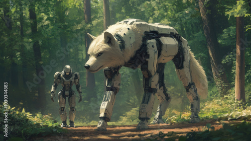 A robot dog is walking in the woods with a human