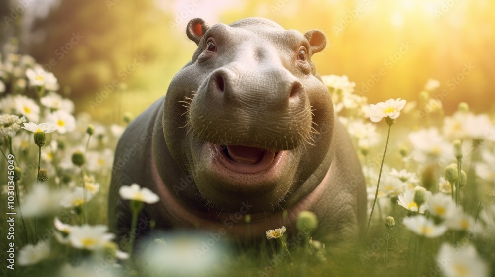 Fototapeta premium Portrait of happy hippopotamus rejoice with spring.