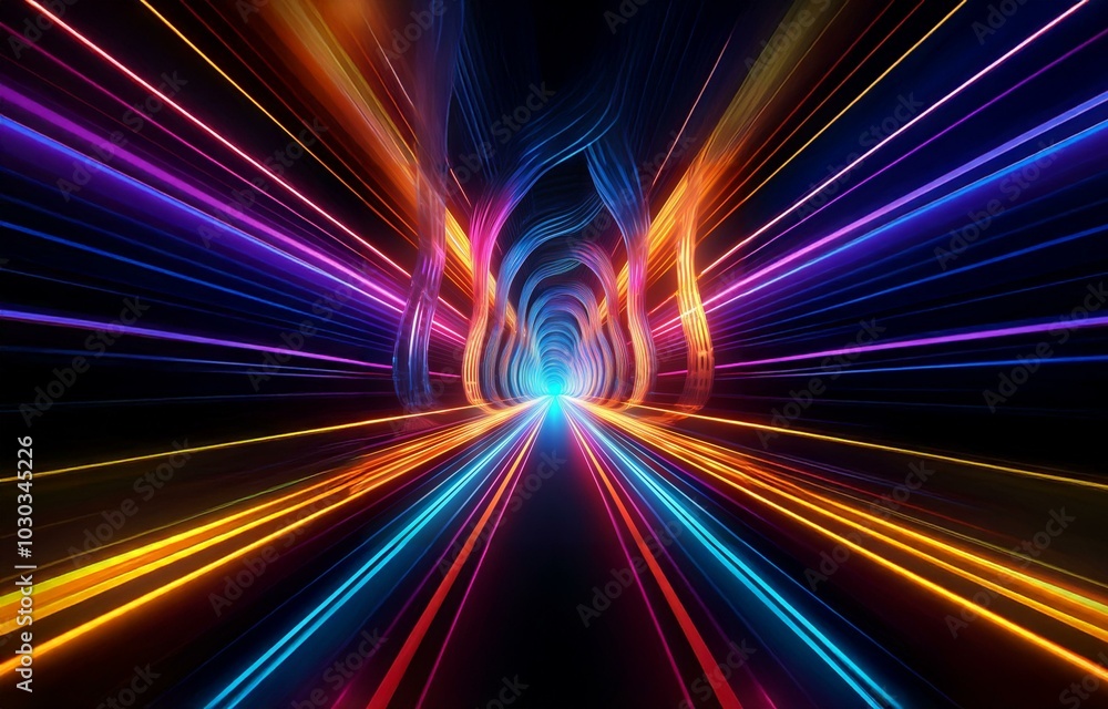 Abstract glowing neon lines form a tunnel with a bright light at the end. Abstract glowing neon lines form a tunnel with a bright light at the end.