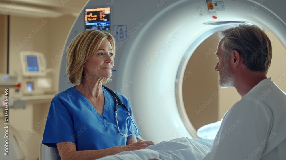 Technician and patient interaction during a CT scan, capturing a moment of reassurance and instruction in the radiology department Technician and patient interaction during a CT scan, capturing a moment of reassurance and instruction in the radiology department