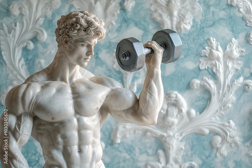 Male marble statue with a dumbbell in hand on luxurious rococo background. Bodybuilding, fitness, gym and sport concept. Renaissance sculpture art for wallpaper, poster photo