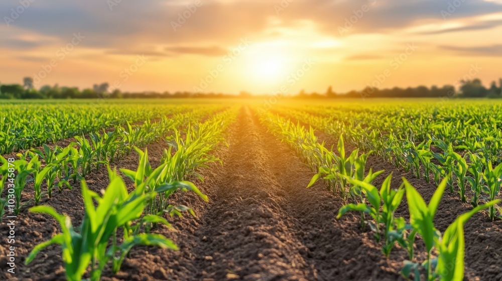 Young green corn on the agricultural field. Blue sky on background. Rows of lush corns seedlings. Rural agicultural landscape Young green corn on the agricultural field. Blue sky on background. Rows of lush corns seedlings. Rural agicultural landscape