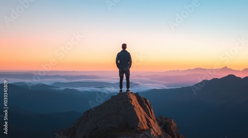 Man silhouette stay on sharp rock peak the view of sunset over an autumn forest in deep velly bellow. Enjoy moment ot of people