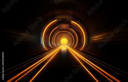 A dark tunnel with glowing orange lights and a bright, circular light at the end.