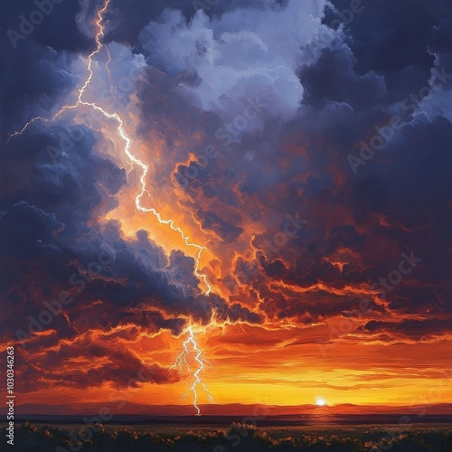 Dramatic thunderstorm over the ocean at sunset