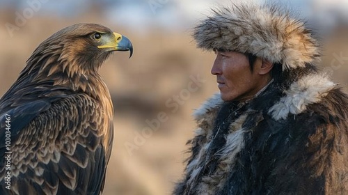 The bond between eagle and hunter in Mongolia, featuring an intimate moment of training and trust-building between them in a natural setting photo