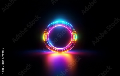 A vibrant, neon ring with a glowing rainbow hue and a black background.