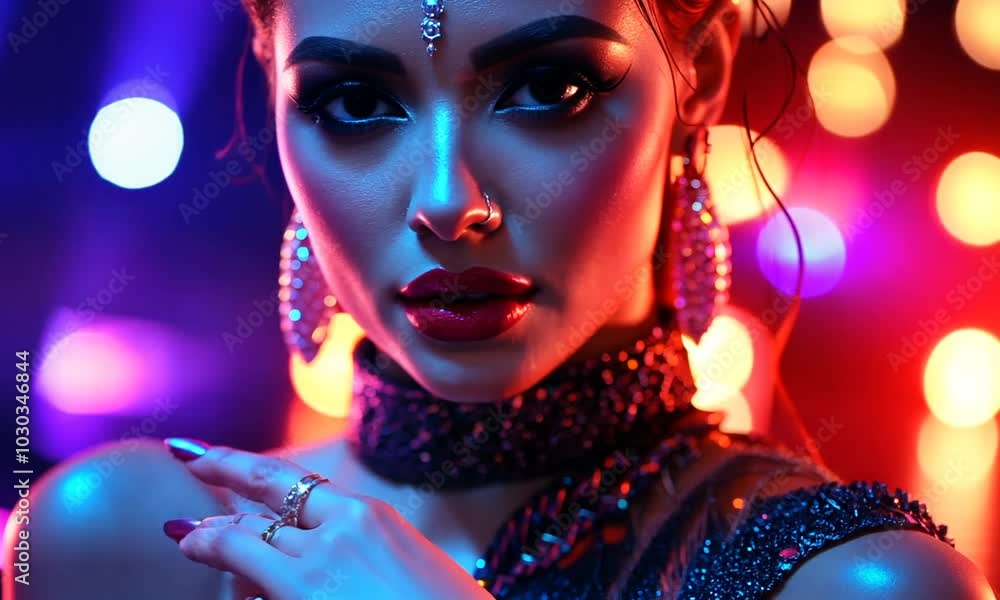 Closeup of a woman's face with red lipstick and sparkly jewelry under neon lights. Closeup of a woman's face with red lipstick and sparkly jewelry under neon lights.