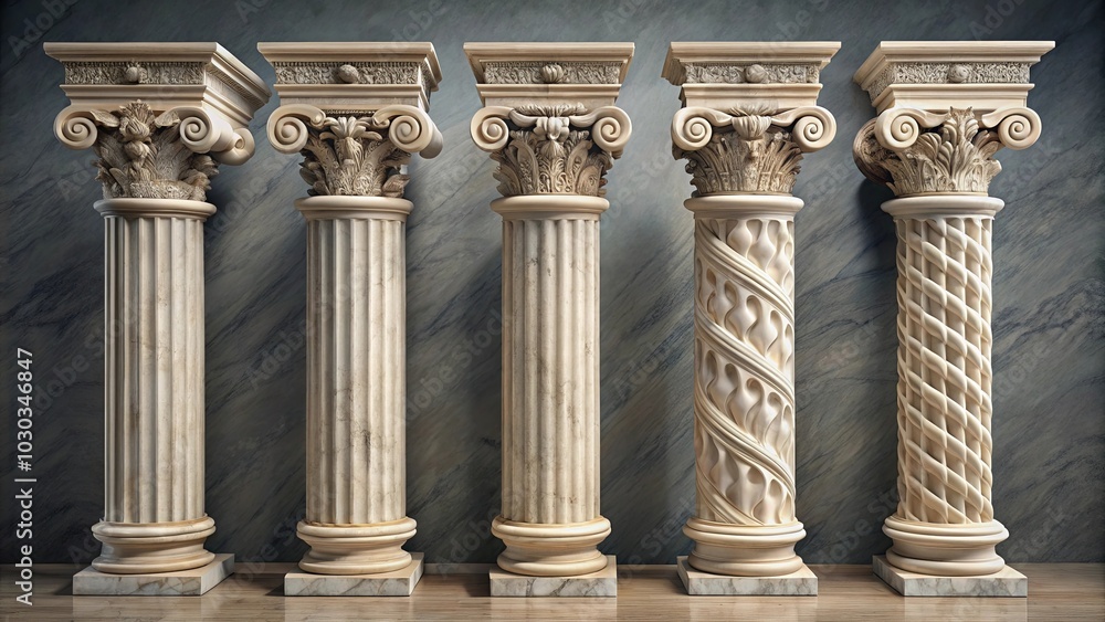 A symphony of architectural elegance, showcasing various column styles in a harmonious display of classic design elements A symphony of architectural elegance, showcasing various column styles in a harmonious display of classic design elements
