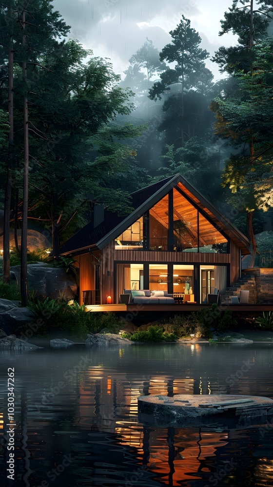 Fototapeta premium Green roofed forest house with flowers generated by AI