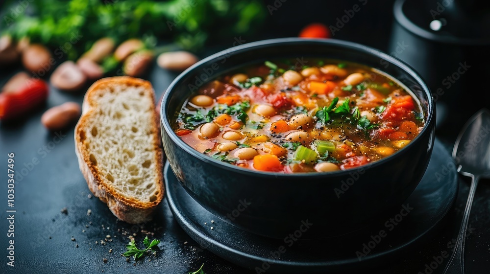 Hearty Minestrone Soup in Black Bowl with Bread Hearty Minestrone Soup in Black Bowl with Bread