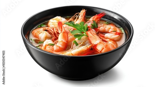 Steaming Black Bowl of Spicy Soup with Shrimp