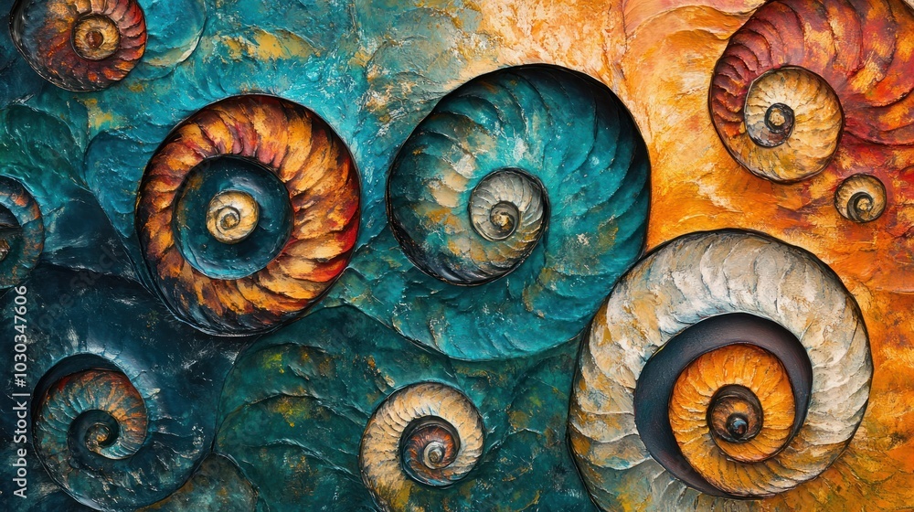 Abstract background with colorful spiral patterns resembling ammonite fossils. Abstract background with colorful spiral patterns resembling ammonite fossils.