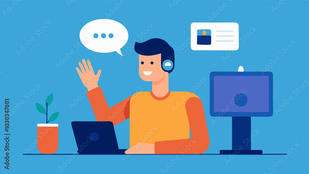 Voice Command Technology A person gesturing toward their smart assistant device on their desk directing it to perform tasks illustrating handsfree workplace assistance. Voice Command Technology A person gesturing toward their smart assistant device on their desk directing it to perform tasks illustrating handsfree workplace assistance.