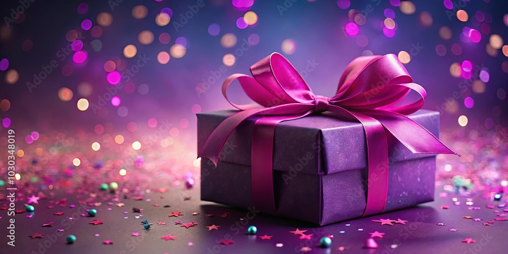 A Festive Purple Gift Box Adorned with a Vibrant Pink Ribbon, Set Against a Background of Shimmering Lights and Scattered Stars A Festive Purple Gift Box Adorned with a Vibrant Pink Ribbon, Set Against a Background of Shimmering Lights and Scattered Stars