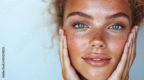 A bright-eyed woman with highlighted freckles, radiating calmness and poise, emphasizing individuality and confidence through natural beauty and a serene disposition. photo