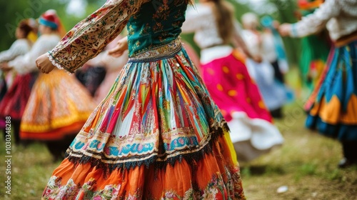 Traditional Kalmykian festival dress, worn by women dancing in a circle during a cultural celebration, with a focus on the vibrant attire photo