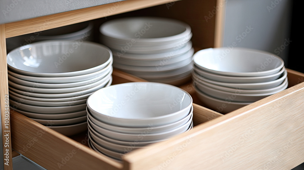 A close-up shot of ceramic dishware in a pull-out kitchen drawer, featuring stacked white plates and bowls, with a clean, minimalist design. A close-up shot of ceramic dishware in a pull-out kitchen drawer, featuring stacked white plates and bowls, with a clean, minimalist design.