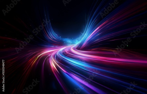 Abstract dark background with glowing colorful streaks of light, creating a swirling motion effect.