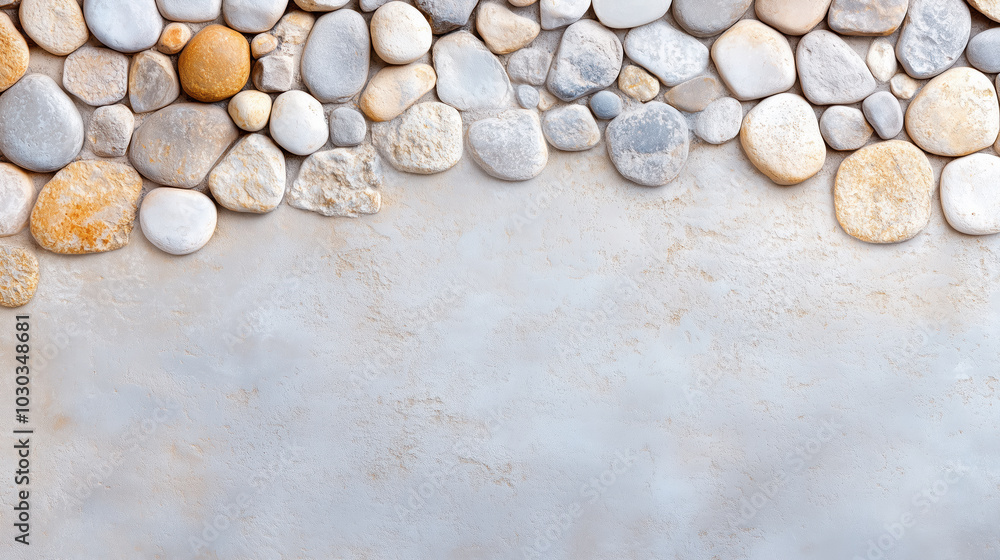 Smooth natural stones in shades of beige, gray, and yellow arranged on a textured surface, perfect for spa-themed backgrounds or nature-inspired decor. Smooth natural stones in shades of beige, gray, and yellow arranged on a textured surface, perfect for spa-themed backgrounds or nature-inspired decor.