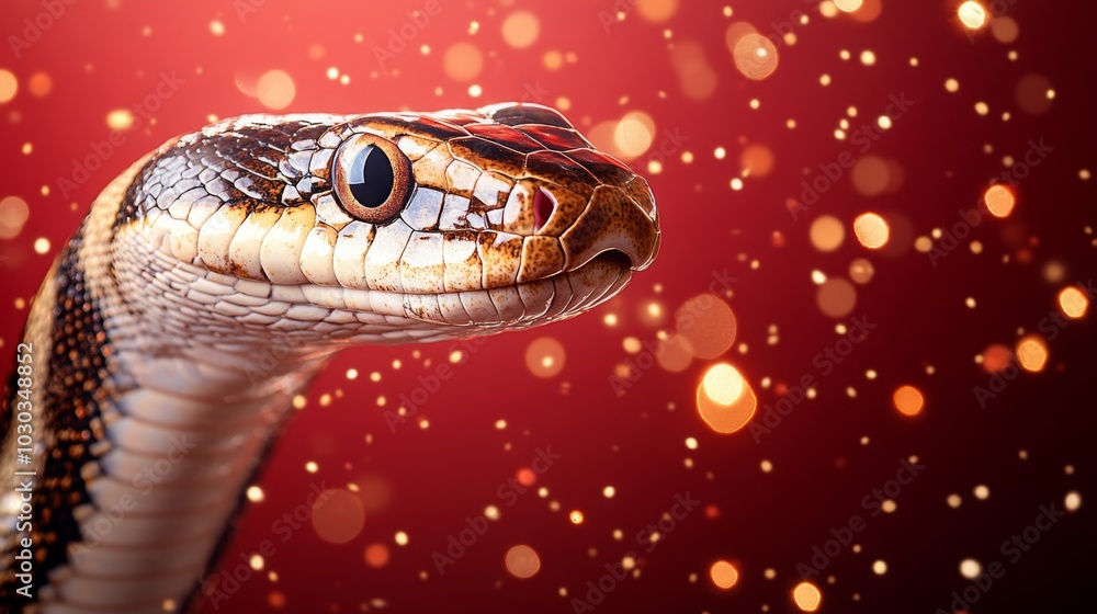 Merry Christmas and Happy New year 2025 with cute snake in xmas hat. Banner with copy space. Animal holidays cozy home party photo.