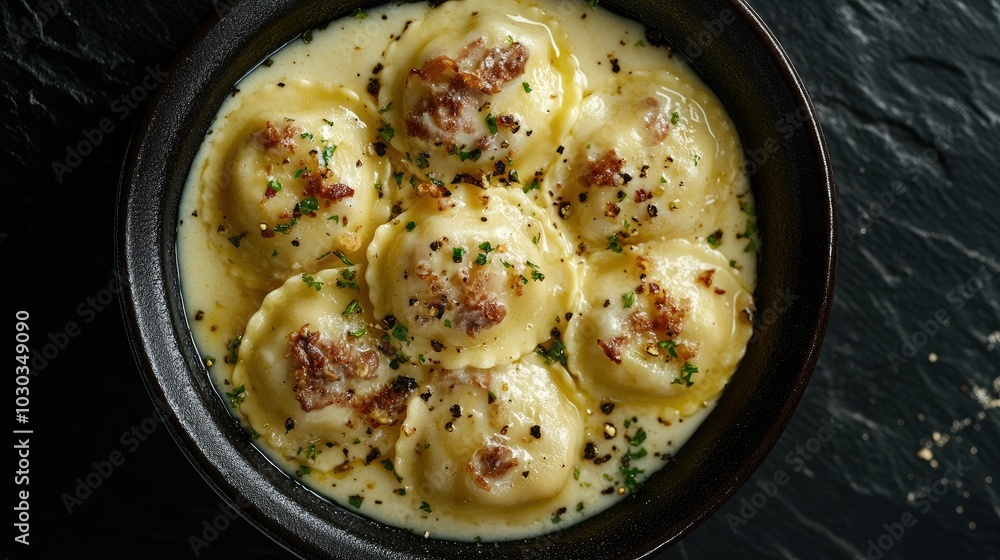 Plump Ravioli in Creamy Sauce Close-Up Plump Ravioli in Creamy Sauce Close-Up