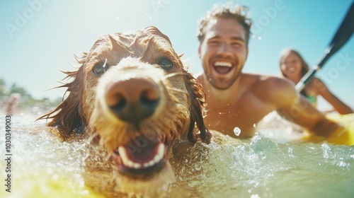 A joyful dog is playfully splashing in the water alongside a smiling man and woman, capturing a moment of fun and companionship at the beach under the sun.