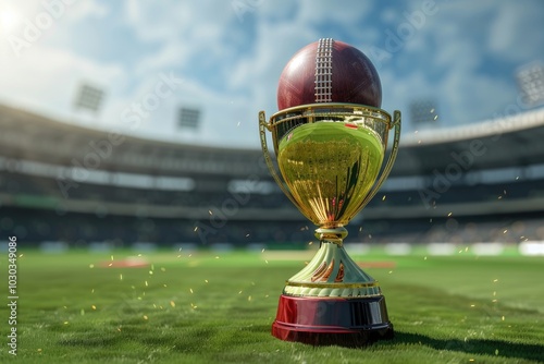 A highly detailed and shiny cricket World Cup trophy with the world ball at top, placed on an empty stadium background. The entire scene is captured in high resolution.