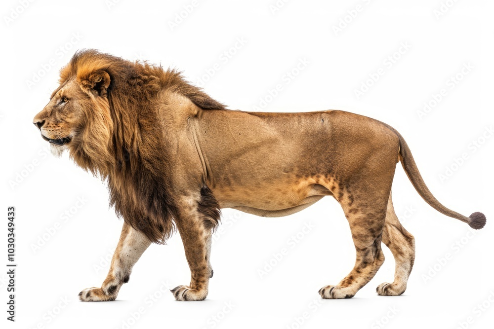Fototapeta premium A majestic lion walking, in a side view isolated on a white background with a clipping path. A full body portrait of a big male African Lion standing and looking away.