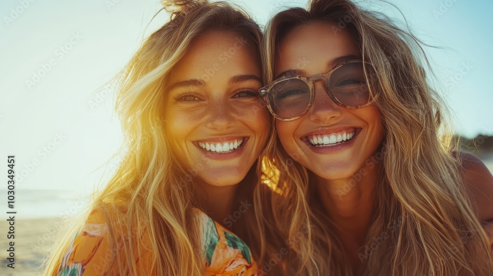 Two young women pose happily with big smiles on a sunlit beach, capturing a moment of friendship and joy with a beautiful ocean background in warm sunlight. Two young women pose happily with big smiles on a sunlit beach, capturing a moment of friendship and joy with a beautiful ocean background in warm sunlight.