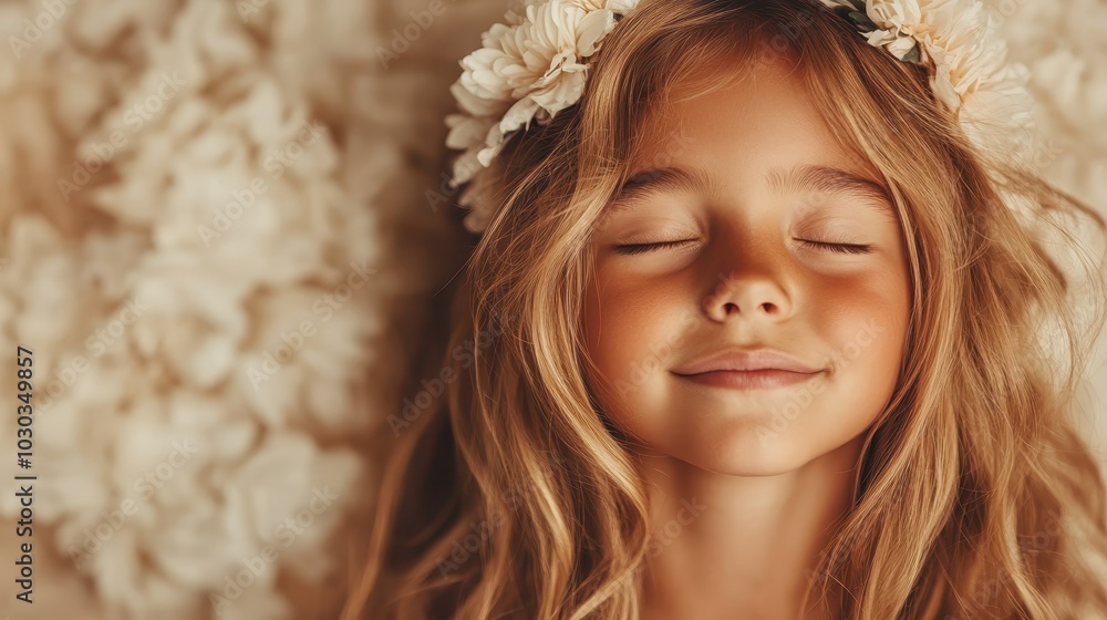 A charming portrait of a child features an angelic smile amidst soft curls and white flowers, embodying innocence, peace, and timeless beauty in warm tones. A charming portrait of a child features an angelic smile amidst soft curls and white flowers, embodying innocence, peace, and timeless beauty in warm tones.