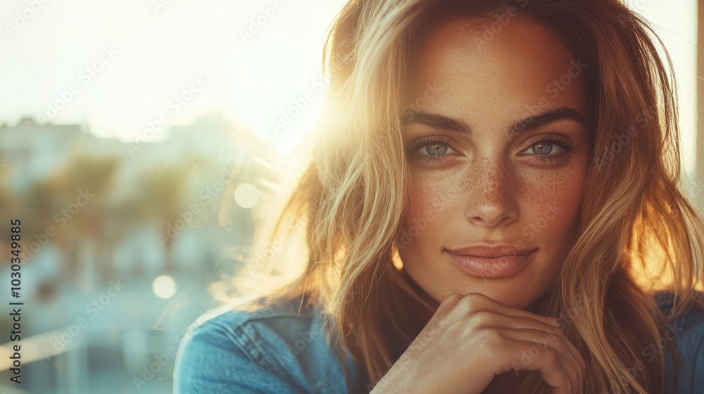 A young woman poses with a calm expression as sunlight streams through, casting a warm glow and creating an atmosphere of peace and relaxation. A young woman poses with a calm expression as sunlight streams through, casting a warm glow and creating an atmosphere of peace and relaxation.