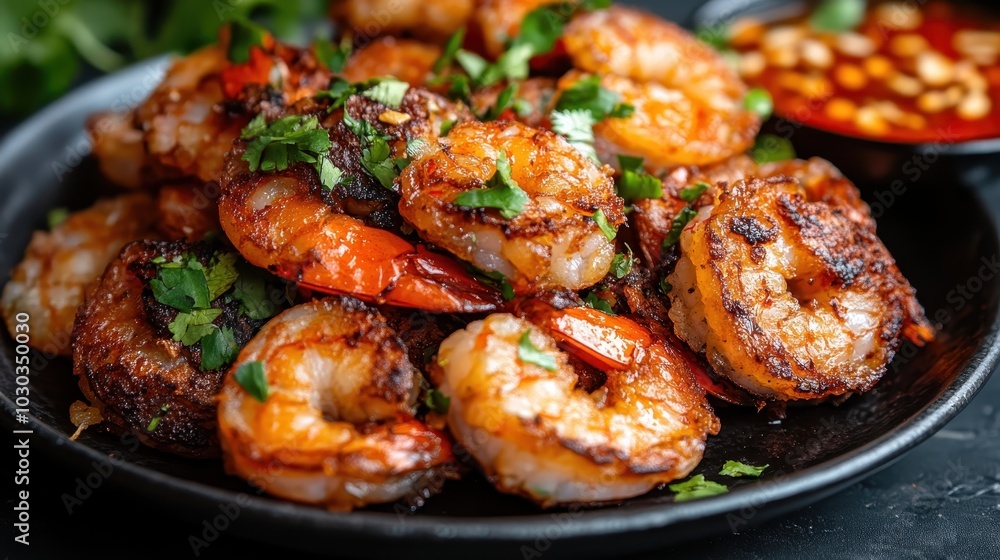 A plate full of succulent spicy shrimps garnished with fresh coriander, accompanied by a zesty sauce, featuring a rich and visually flavorful dining experience. A plate full of succulent spicy shrimps garnished with fresh coriander, accompanied by a zesty sauce, featuring a rich and visually flavorful dining experience.