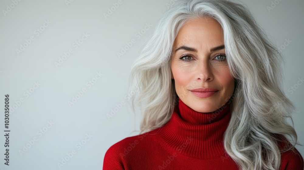 A graceful depiction of an older woman with wavy gray hair, exuding timeless composure and elegance, set against a minimalist backdrop, wearing red. A graceful depiction of an older woman with wavy gray hair, exuding timeless composure and elegance, set against a minimalist backdrop, wearing red.