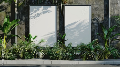 A mockup of two vertical blank billboard posters on the street, with tropical plants in front and a greenery background, of an outdoor advertising light box,