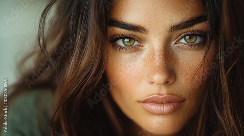 A detailed close-up of a woman with striking green eyes and freckles, showcasing a serene expression and natural beauty, perfect for capturing attention easily.