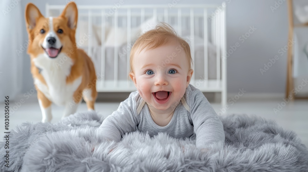 A baby joyfully crawling on a fur bed with a happy dog close behind, the bright, airy bedroom filled with natural light and warmth. A baby joyfully crawling on a fur bed with a happy dog close behind, the bright, airy bedroom filled with natural light and warmth.