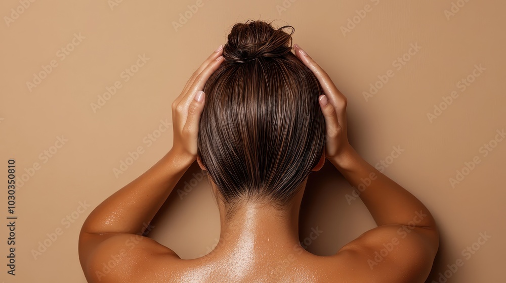 The image depicts a serene rear view of an individual with wet hair styled neatly in a bun, showcasing a calm posture with hands gently touching the head. The image depicts a serene rear view of an individual with wet hair styled neatly in a bun, showcasing a calm posture with hands gently touching the head.