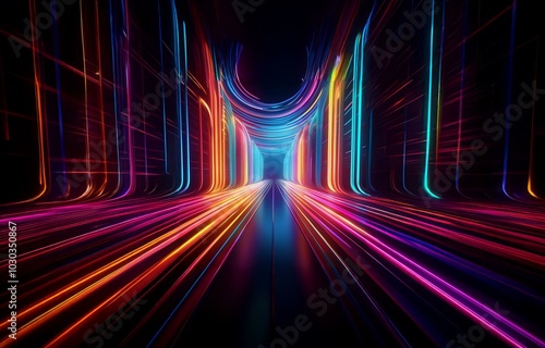 A dark, futuristic, neon tunnel with glowing lines of light stretching into the distance.