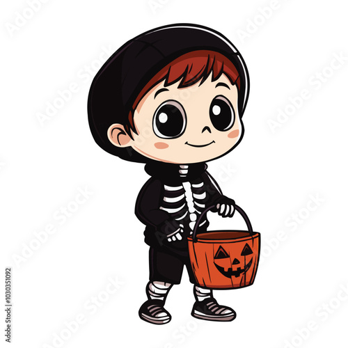 a cute boy dressed in a skeleton costume holding a Halloween bucket clip art