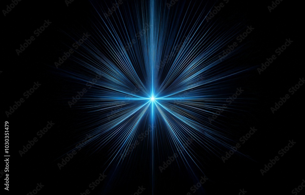 A bright blue light emanates from the center of the image, radiating outwards in thin lines that spread across the black background. A bright blue light emanates from the center of the image, radiating outwards in thin lines that spread across the black background.